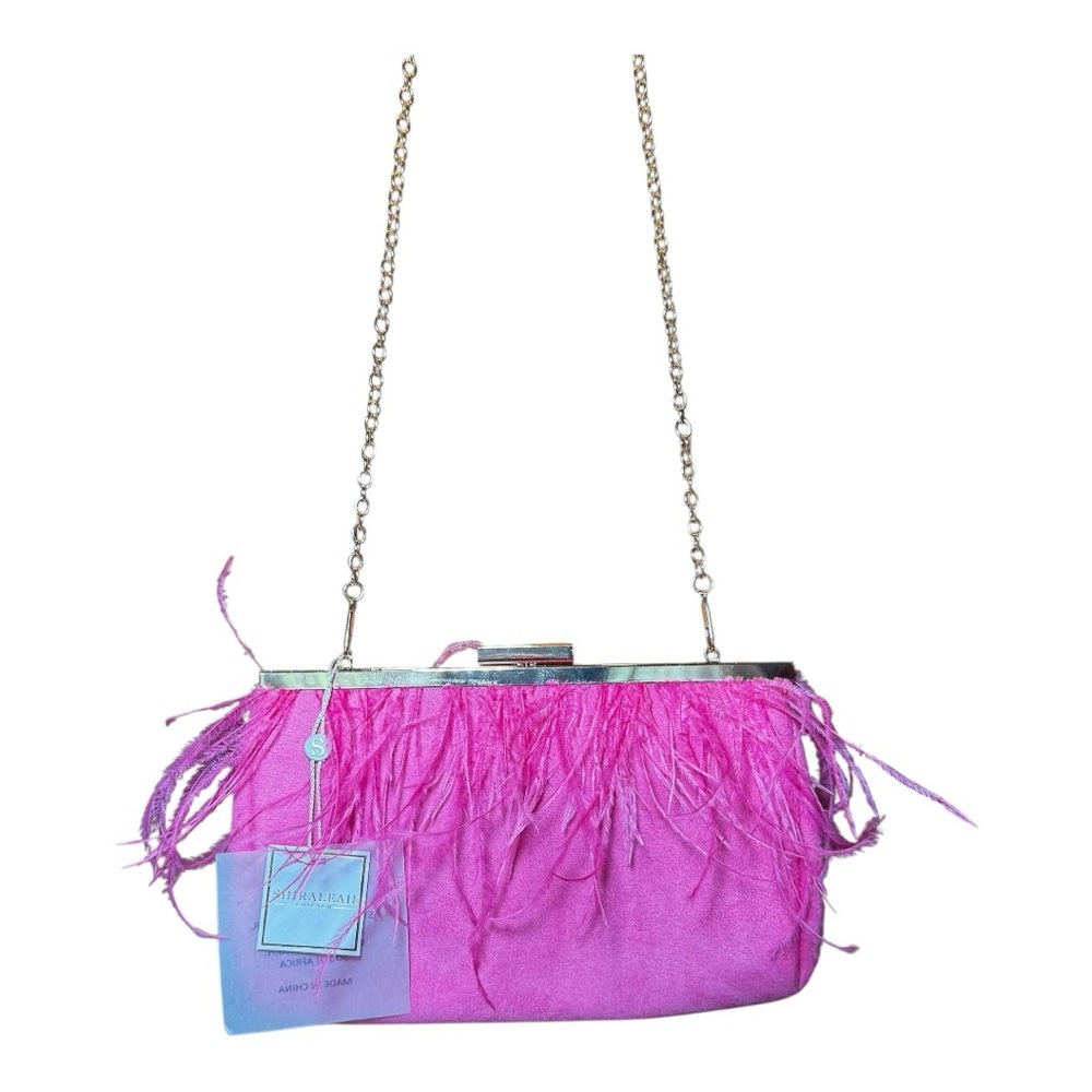 SHIRALEAH Pink Filomena Clutch with Feathered Trim & Gold Chain Strap NWT